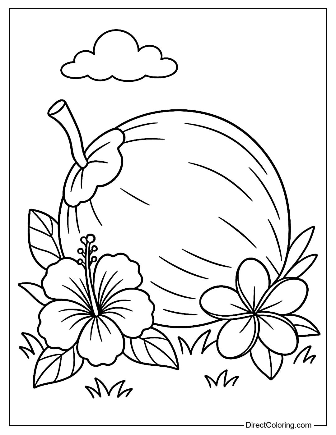 Coloring page of a whole coconut lying on its side on the grass, surrounded by tropical flowers such as hibiscus, frangipani.
